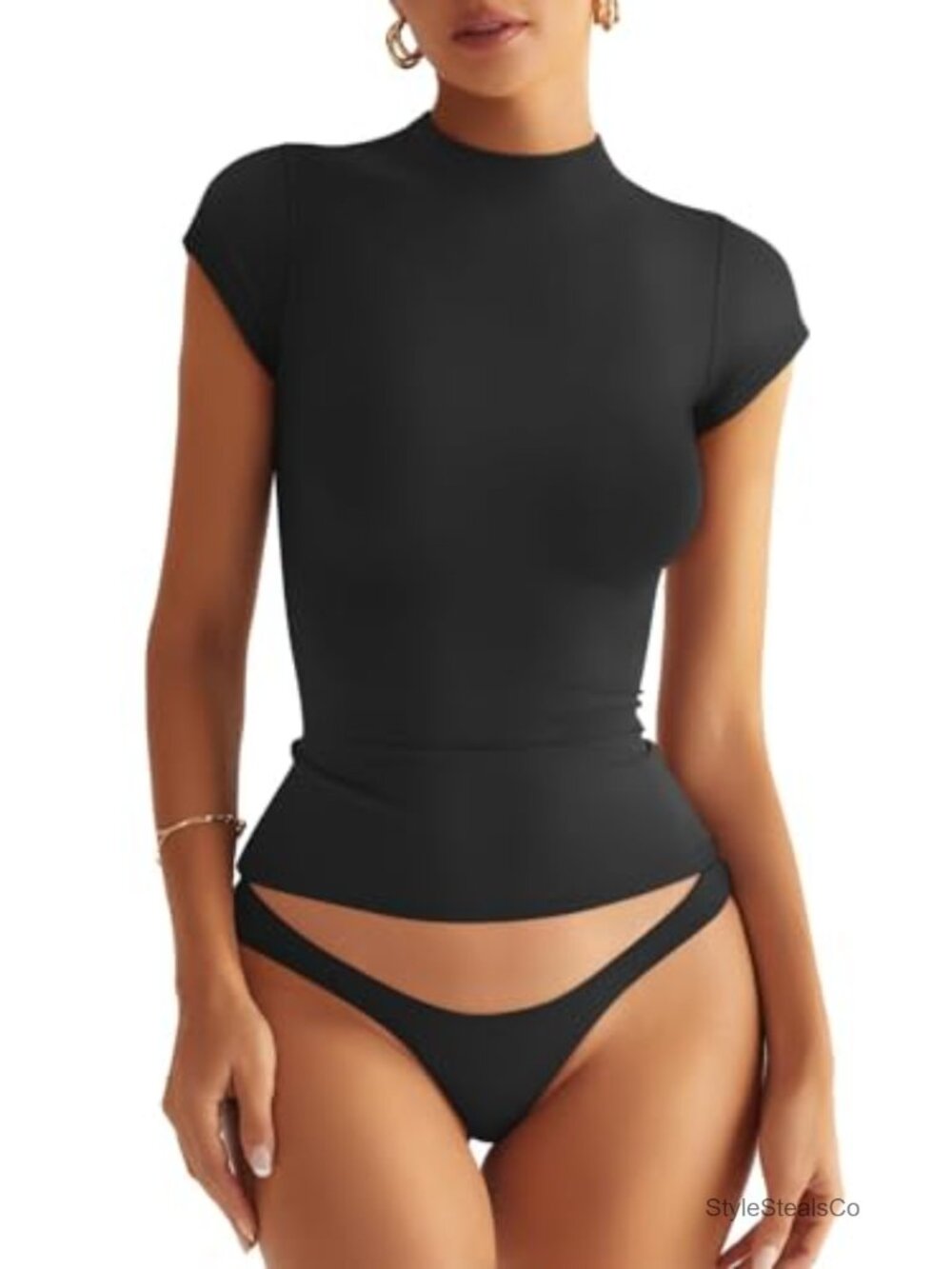 Double Lined Mock Neck Cap Sleeve Slim Fit T-Shirt